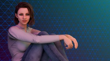 18 yaşında bir kadın, fütüristik bir oyun yaşam tarzına dalmış, canlı bir teknoloji ışık ağı ile çevrili. Kendinden emin, bağlı ve dijital çağı kucaklıyor. 3B illüstrasyon.