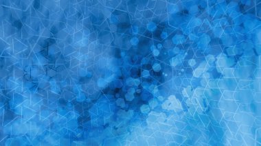 Hexagon mavi geometrik şekilleri, su aksanları ve girdap dumanı ile soyut üç boyutlu illüstrasyon, fütürist kapak sayfaları veya ekran hd sunumları için ideal.