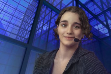 Bir çağrı merkezinde çalışan gülümseyen kadın temsilci müşteri desteği iletişiminde