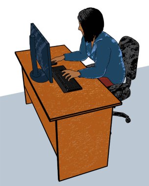 Masasında özenle çalışan, bilgisayarla meşgul, elinde fare tutan ve yazan bir kadın. Modern ofis hayatının, yaratıcılığın ve profesyonelliğin bir örneği..