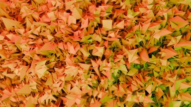Katmanlı kağıdın sıcak turuncu, şeftali ve yeşil tonlardan oluşan dinamik 3D çizimi origami tarzında katlanır. Bu soyut arkaplan herhangi bir tasarım projesine derinlik, enerji ve doku ekler.
