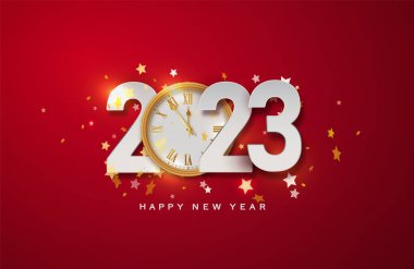 Mutlu 2023 yılları. 2023 beyaz sayılarının Noel kırmızı çizimi ve parlak altın parıltı deseni. Gerçekçi 3D düz tabela. Mutlu yeni poster ya da afiş tasarımı.