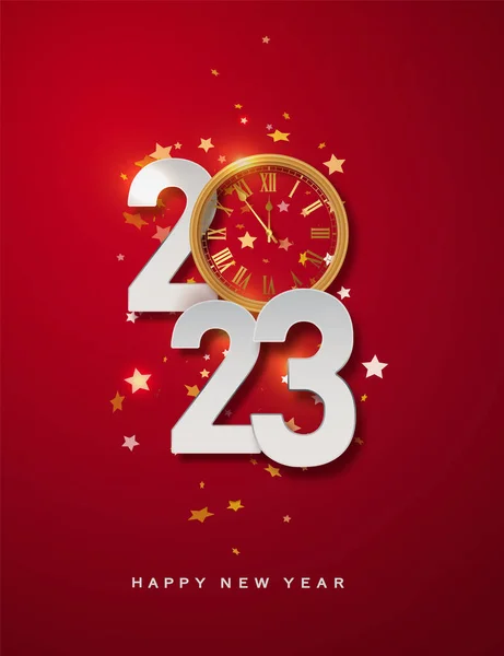 stock vector Happy New 2023 Year. Christmas red vector illustration of white numbers 2023 and sparkling golden glitters pattern. Realistic 3d flat sign. Happy New poster or banner design.