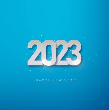 Mutlu 2023 yılları. 2023 sayılı beyaz sayıların Noel mavisi çizimi ve parıldayan altın parıltı deseni. Gerçekçi 3D düz tabela. Mutlu yeni poster ya da afiş tasarımı.