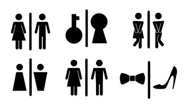 Kadın ve erkeğin işemesi için tuvalet ya da tuvalet. Komik vektör WC pictogram simgesi ya da işaret. Dünya tuvalet günü. Stickman banyo odası. Üniseks. Tuvaletleri temizle..