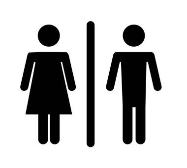 Kadın ve erkeğin işemesi için tuvalet ya da tuvalet. Komik vektör WC pictogram simgesi ya da işaret. Dünya tuvalet günü. Stickman banyo odası. Üniseks. Tuvaletleri temizle..