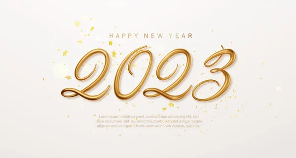 stock vector 2023 Happy New Year Golden Vector luxury text elegant banner with falling confetti on bright background. 2023 Golden 3d numbe