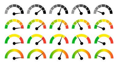 Speedometer gauge meter icons. Vector scale, level of performance. Speed indicator .Infographic of risk, gauge, score progress.