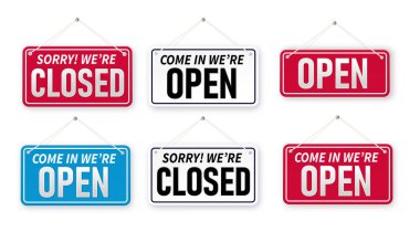 Set of bussiness hanging signboard, were open and closed. Closed and open. Red sign Sorry we are closed for holidays, with shadow isolated on red background. Vector illustration