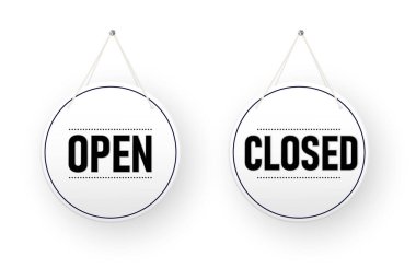Closed and open white signboards hanged . Rectangular shape clipboard for retail, shop, store, cafe, bar, restaurant. Vector illustration