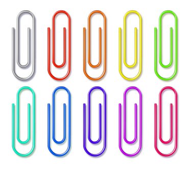 Paper clips clamp. Colour cartoon office paperclip. Paper clip icon attached attach document or file. Vector.