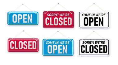 Set of bussiness hanging signboard, were open and closed. Closed and open. Red sign Sorry we are closed for holidays, with shadow isolated on red background. Vector illustration