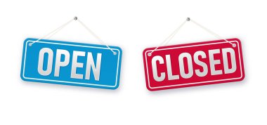 Information boards with Come in were open and Sorry, We are closed. White signboard with a rope on background. Business concept for closed and open businesses, sites and services.