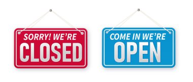 Information boards with Come in were open and Sorry, We are closed. White signboard with a rope on background. Business concept for closed and open businesses, sites and services.