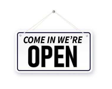 Closed and open white signboards hanged . Rectangular shape clipboard for retail, shop, store, cafe, bar, restaurant. Vector illustration