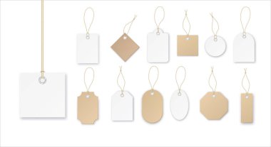 Set of tags or sale vector shopping labels with rope . White paper and brown kraft realistic material. Flat design isolated vector