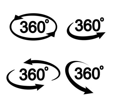 360 degrees view related sign set isolated on transparent background. Abstract concept graphic rotation arrows, panorama, virtual reality element