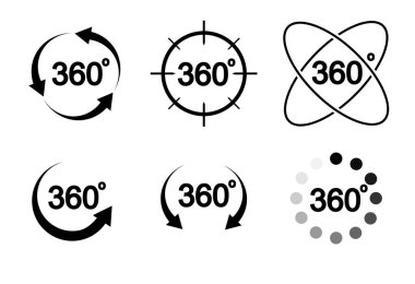 360 degrees view related sign set isolated on transparent background. Abstract concept graphic rotation arrows, panorama, virtual reality element