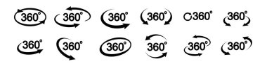 360 degree view related icon set. Signs and arrows for indicate the rotation and panorama. Vector illustration