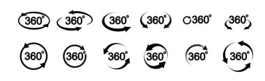 360 degree view related icon set. Signs and arrows for indicate the rotation and panorama. Vector illustration