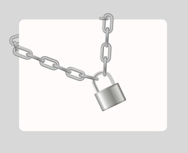 Padlock and chain. Gray metal chain and padlock, handcuffed card, vector.