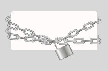 Padlock and chain. Gray metal chain and padlock, handcuffed card, vector.