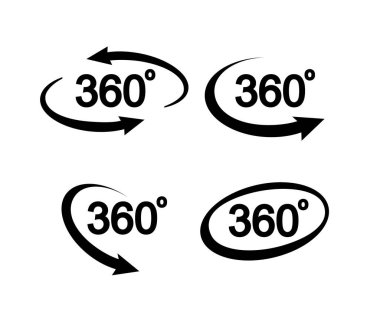 360 degrees view related sign set isolated on transparent background. Abstract concept graphic rotation arrows, panorama, virtual reality element