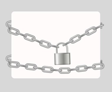 Padlock and chain. Gray metal chain and padlock, handcuffed card, vector.