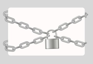 Padlock and chain. Gray metal chain and padlock, handcuffed card, vector.