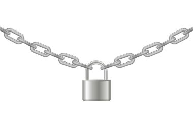 Padlock and chain. Gray metal chain and padlock, handcuffed card, vector.