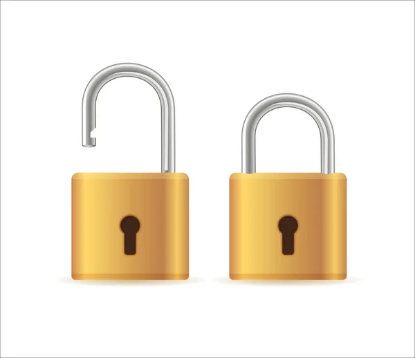 Gold Padlocks Set Golden Closed Open Padlock Isolated Chrome Locks — Stockvektor