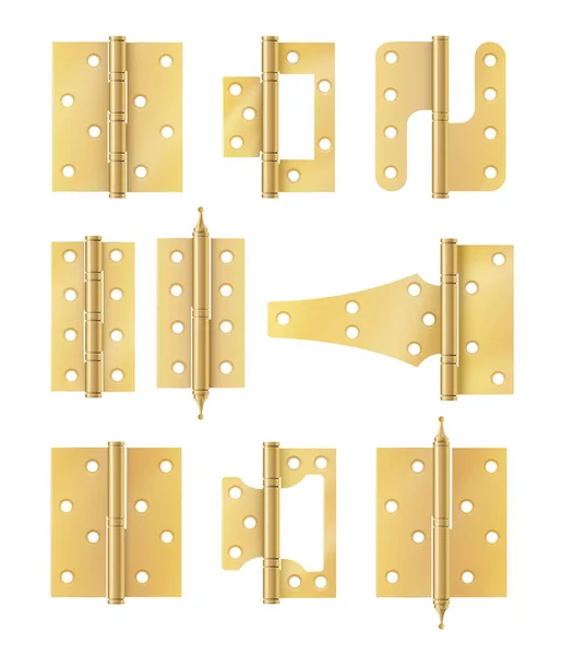 黄金のドアは建設ハードウェアをヒンジ 共同ゲートや窓のための金ツールの現実的なセット 家や家具のための金属ヒンジ ベクターイラスト — ストックベクタ