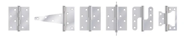 Steel Door Hinges Realistic Style Set Various Metallic Mortise Equipment — Stock Vector