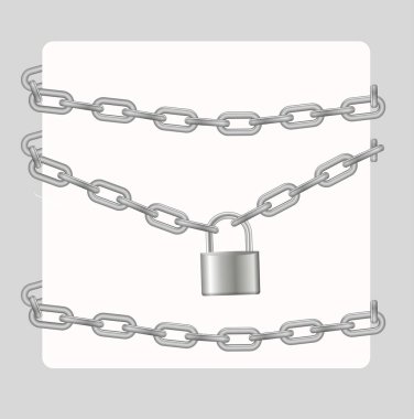 Padlock and chain. Gray metal chain and padlock, handcuffed card, vector.