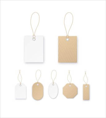 Set of tags or sale vector shopping labels with rope . White paper and brown kraft realistic material. Flat design isolated vector
