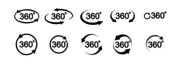 360 degree view related icon set. Signs and arrows for indicate the rotation and panorama. Vector illustration
