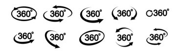 360 degree view related icon set. Signs and arrows for indicate the rotation and panorama. Vector illustration