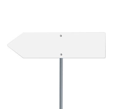 Yol, trafik işaretleri. Metal direkte otoyol tabelası. Yazı için yeri olan boş beyaz tahta. Yön işareti ve yol bulucu. bilgi işareti vektör illüstrasyon modellemesi.