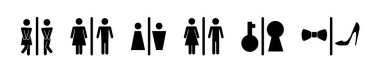Kadın ve erkeğin işemesi için tuvalet ya da tuvalet. Komik vektör WC pictogram simgesi ya da işaret. Dünya tuvalet günü. Stickman banyo odası. Üniseks. Tuvaletleri temizle..