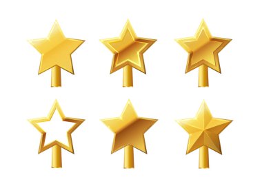 Noel ağacı süsleme vektörü. Deko tarzında 3D gerçekçi altın yıldız dekorasyonu, Xmas çam ağacının tepesi için geleneksel dekoratif parlak tasarım beyaz üzerine izole edilmiş. Vektör EPS 10.