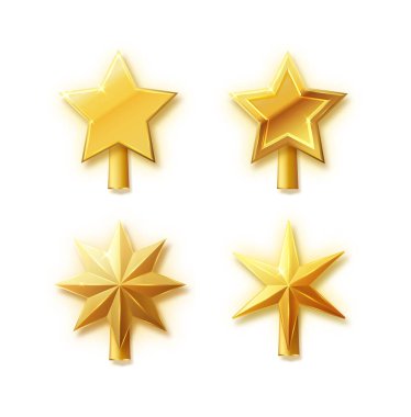 Noel ağacı süsleme vektörü. Deko tarzında 3D gerçekçi altın yıldız dekorasyonu, Xmas çam ağacının tepesi için geleneksel dekoratif parlak tasarım beyaz üzerine izole edilmiş. Vektör EPS 10.