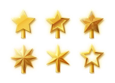 Noel ağacı süsleme vektörü. 3D gerçekçi altın yıldız süslemesi, Xmas çam ağacının tepesi için geleneksel dekoratif parlak tasarım. Vektör EPS 10.