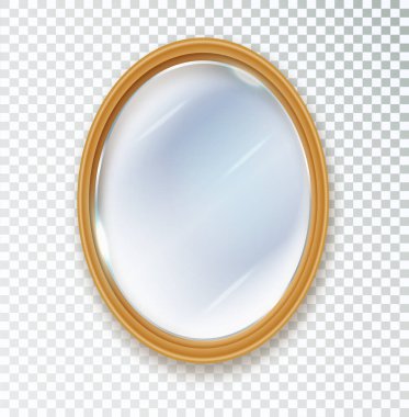 Ayna oval izole edildi. Gerçekçi oval ayna çerçevesi, beyaz ayna şablonu. Yansıtıcı cam yüzeyler izole edildi. Gerçekçi 3 boyutlu iç mobilya tasarımı.