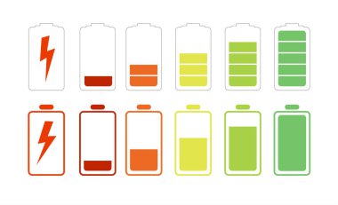 Şarjı farklı olan bir pil. Araba aküsü göstergesi, pil şarj işareti. Kablosuz şarj enerji işareti. Vektör illüstrasyonu
