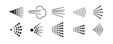 Sprey simgeleri ayarlandı. Buhar ikonları püskürtün. Deodorant spreyinin temizlenmesi. Vektör illüstrasyonu