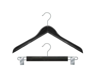 Beyaz arka planda siyah ahşap elbise askıları var. Ahşap askı gerçekçi vektör giysileri arka planda izole edilmiş ahşap askılar. Vektör illüstrasyonu