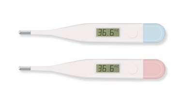 Ölçüm seti için Celsius elektronik medikal termometresi izole edildi. Ateşi 36.6. Sıcaklığı gösteren dijital termometrenin tasarım şablonu. Üst görünüm 3d gerçekçi. Vektör illüstrasyonu