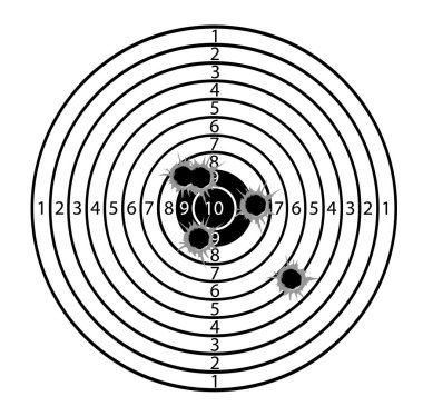 Makineli tüfek ve tabancalardan ateş etmek için mermi delikleriyle dolu gerçek boyutta hedefler. Vektör illüstrasyonu