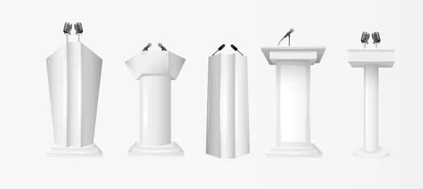 Auf Dem Podium Stehen Weiße Tribünen Mit Mikrofonen Podiumstribüne Mit — Stockvektor