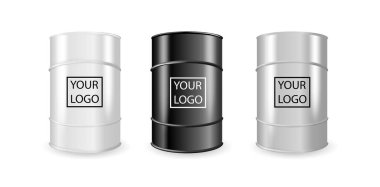 Gerçekçi Beyaz, Çelik ve Siyah Metal Petrol, Yakıt, Benzin Varili Seti izole edildi. Mockup için Paketleme Şablonu Tasarımı. Vektör illüstrasyonu